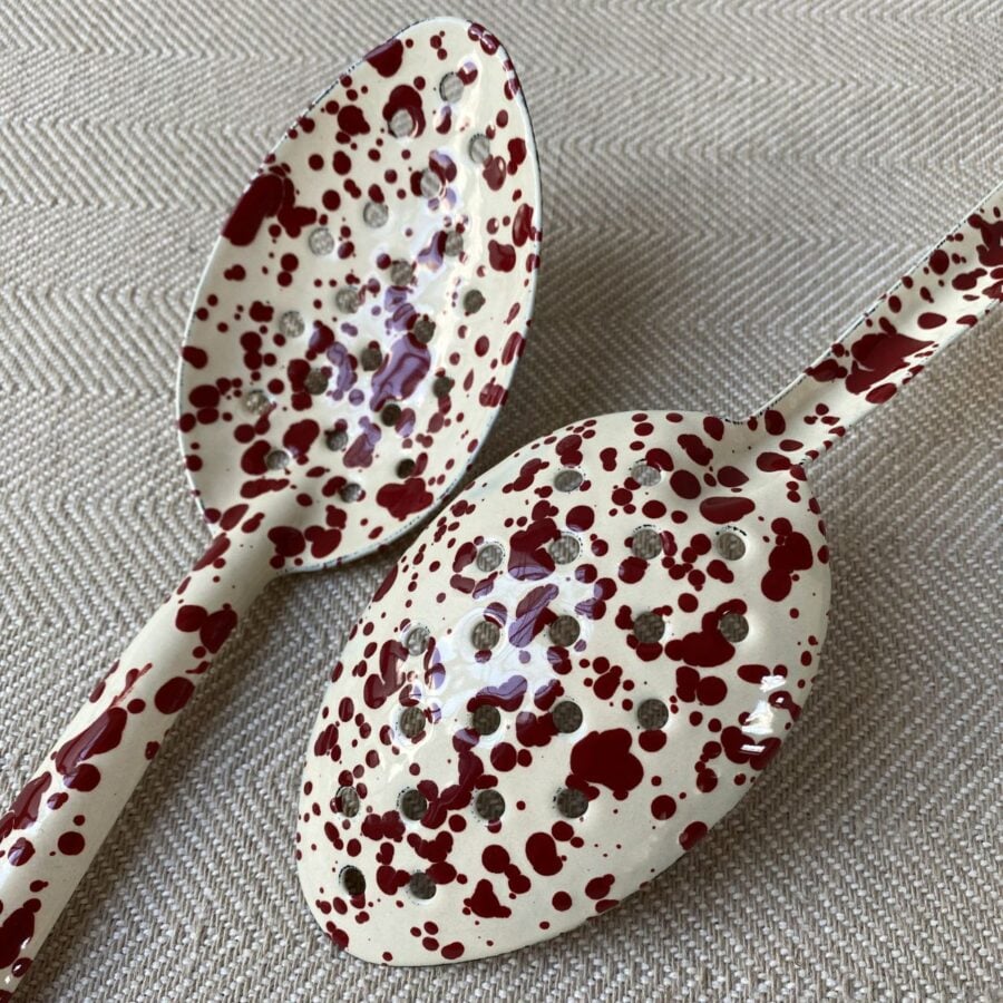 Enamelware Slotted Spoon - Burgundy and Cream