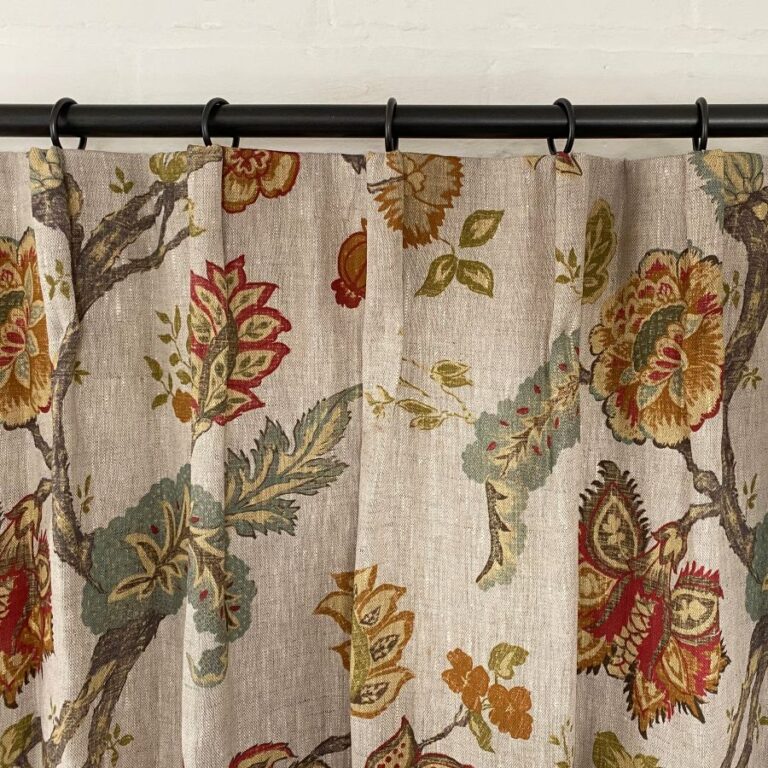 Tinsmiths Yasmin linen fabric cartridge pleat curtain top on curtain pole