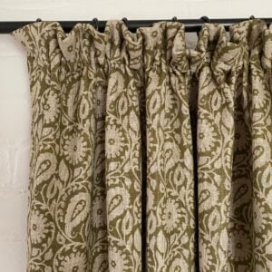 Tinsmiths Extra Wide Agnes fabric in Drab Green curtain with cottage pleat top