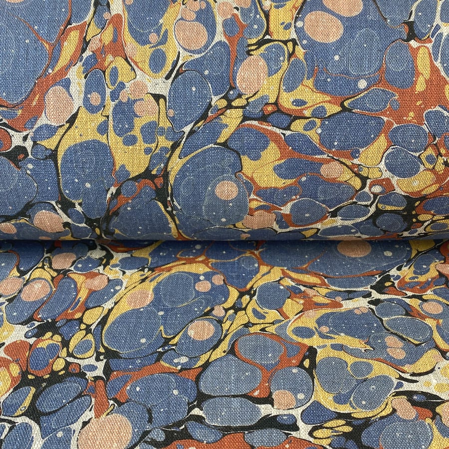 Marbled Fabric, Marbled linen in blue
