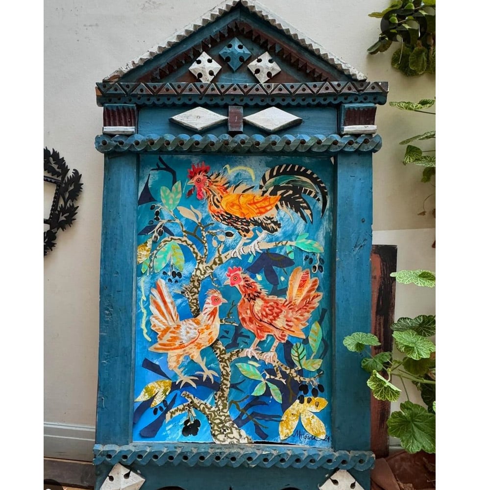 Mark Hearld Original Collage in a Large Antique Frame - Bantams in Damson Tree - Image 1