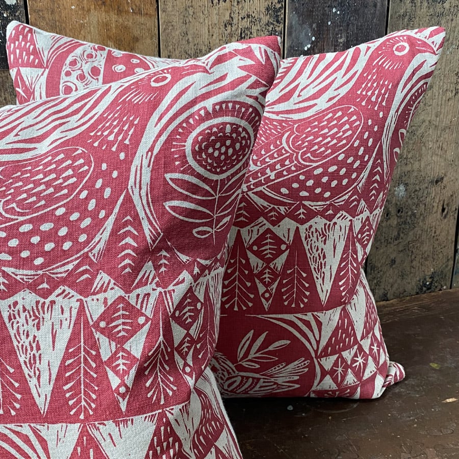 Bird Garden Cushion - Cherry Red