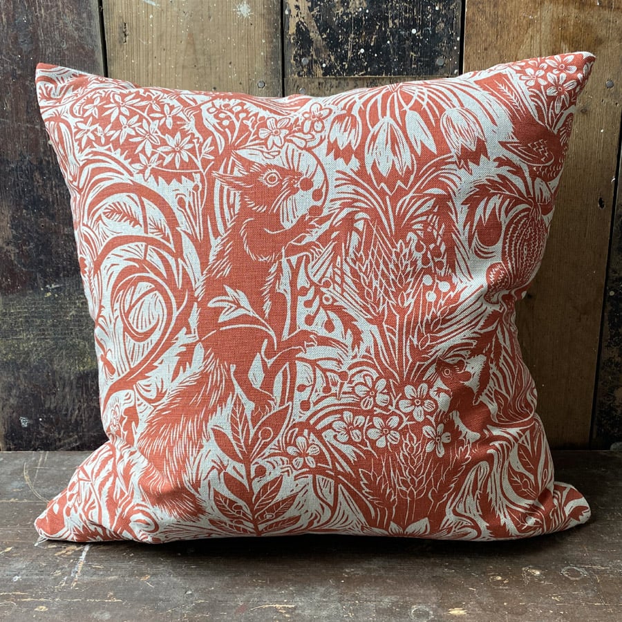 Squirrel and Sunflower Cushion - Brick Red