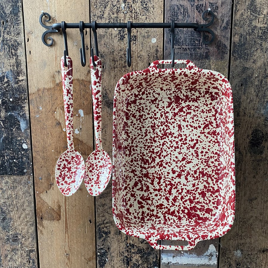 Enamelware Slotted Spoon - Burgundy and Cream