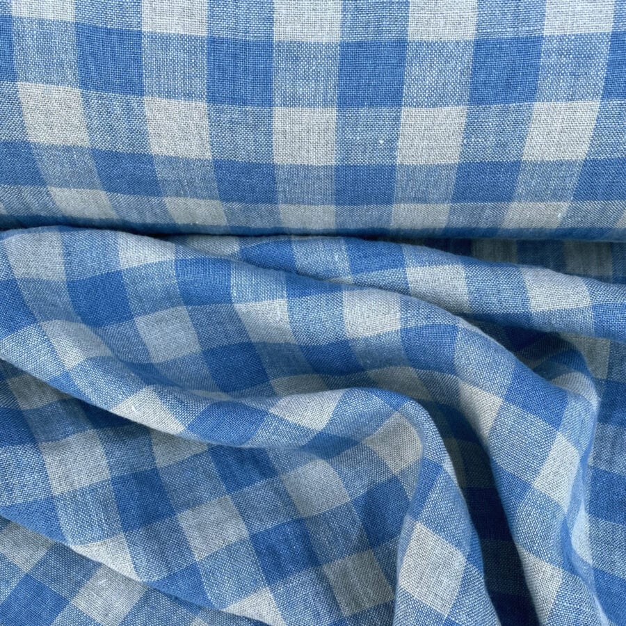 Washed Linen Check Denim Blue
