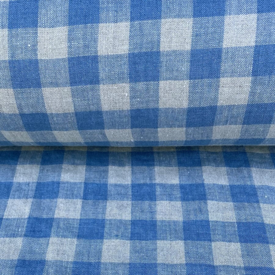 Washed Linen Check Denim Blue