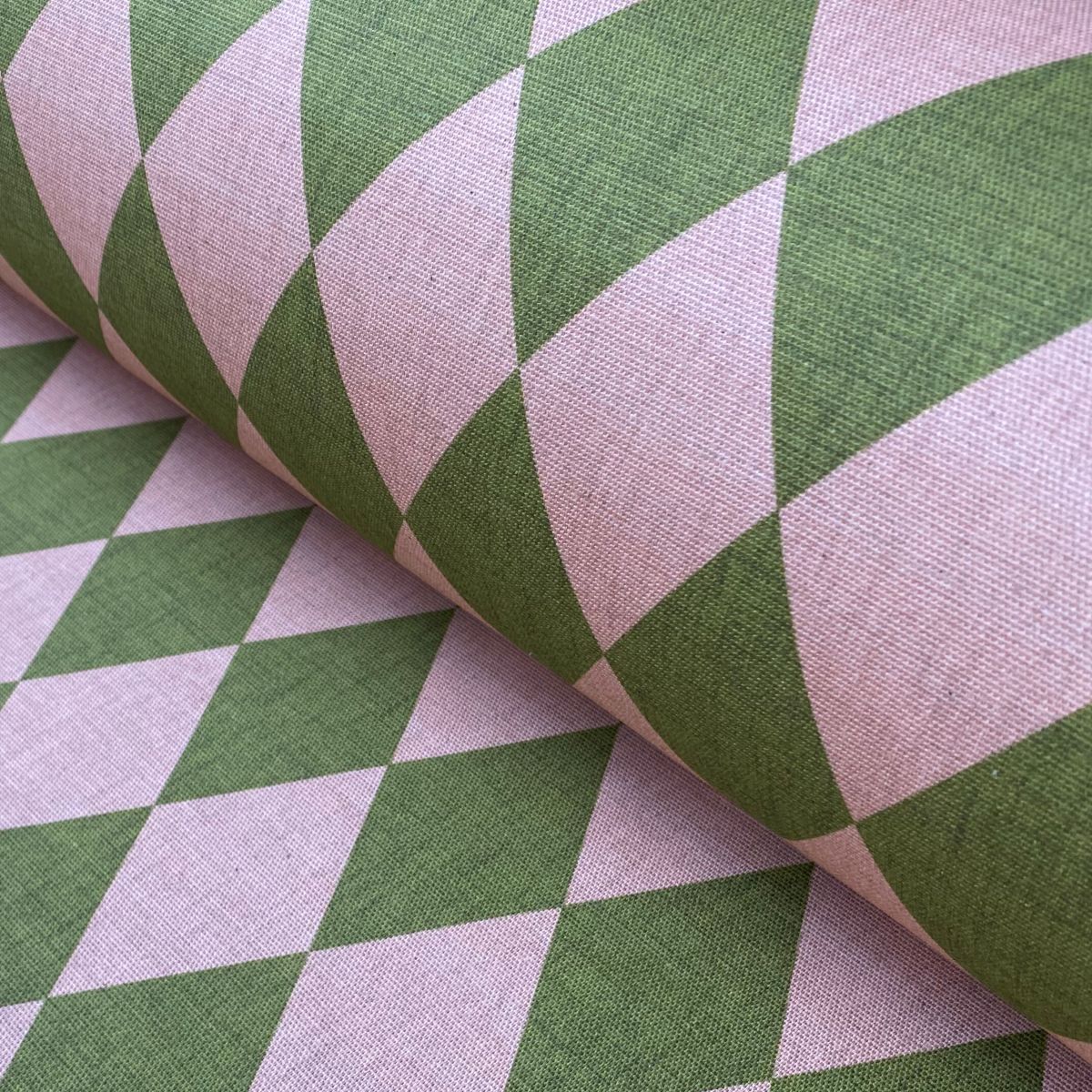 Harlequin fabric, A bold harlequin-style design in a pink & green