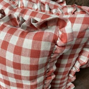 Washed Linen Check Ruffle Cushion - Brick - Image 2
