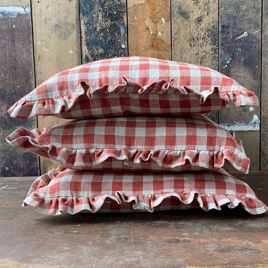 Washed Linen Check Ruffle Cushion - Brick