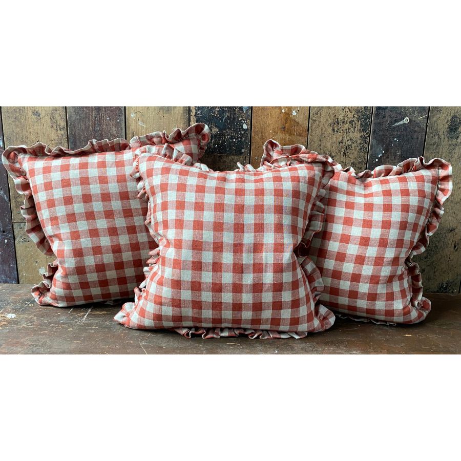Washed Linen Check Ruffle Cushion - Brick
