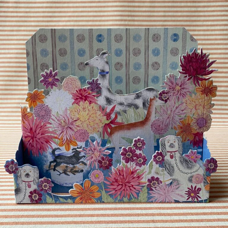 Angie Lewin 3D card with multicoloured flowers and dogs