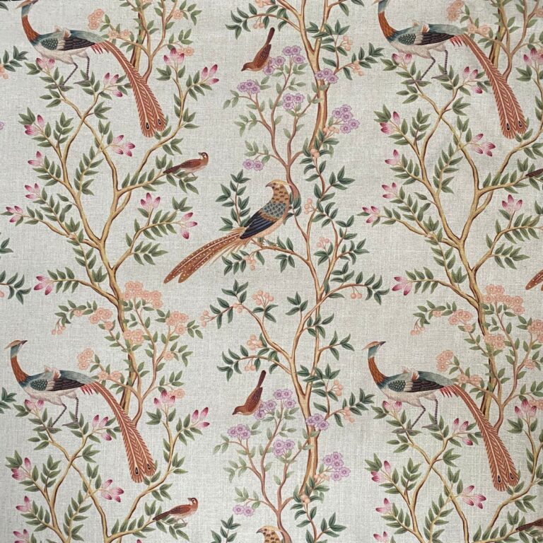 Tinsmiths Extra Wide Chinoiserie curtain fabric with bird and leaf design