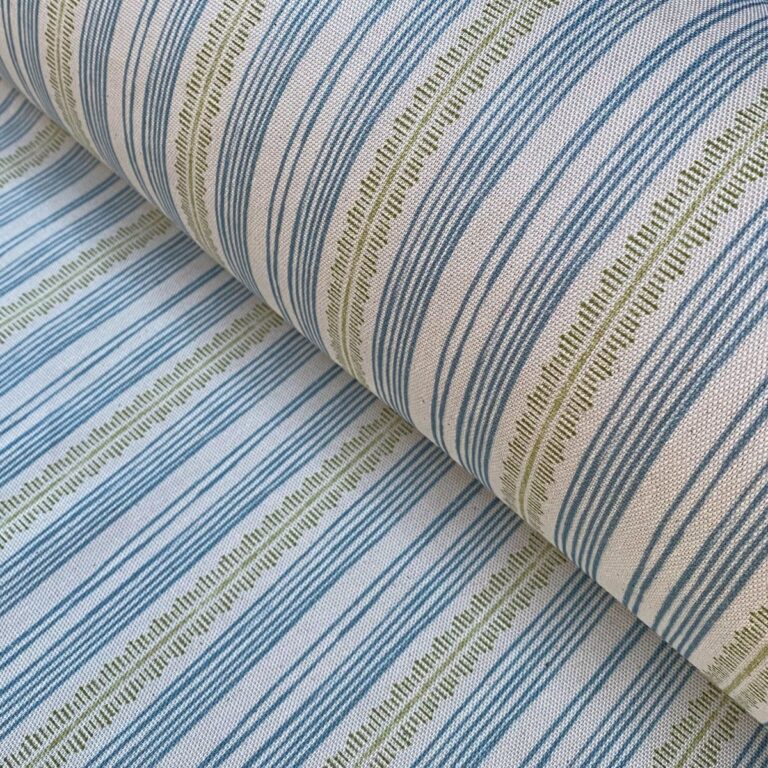 Tinsmiths Striped Feather Stripe Fabric on a roll in blue & olive green