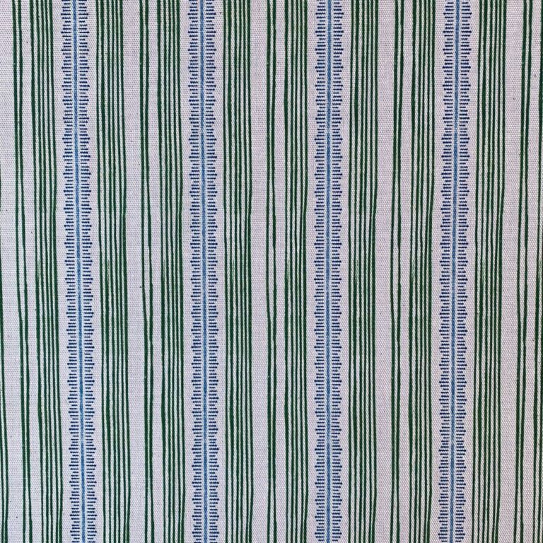 Tinsmiths Striped Feather Stripe Fabric on a roll in leaf green & indigo