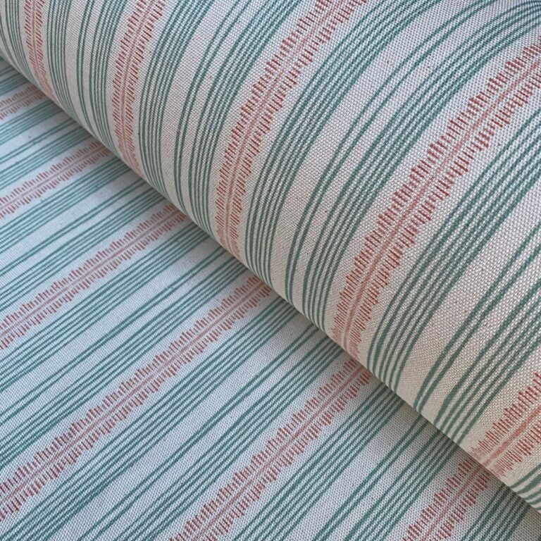 Tinsmiths Striped Feather Stripe Fabric on a roll in seagreen & coral