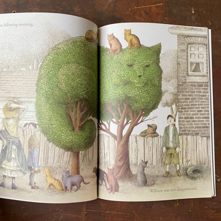 Double page spread illustration of a topiary cat tree from The Night Gardener book by Terry Fan
