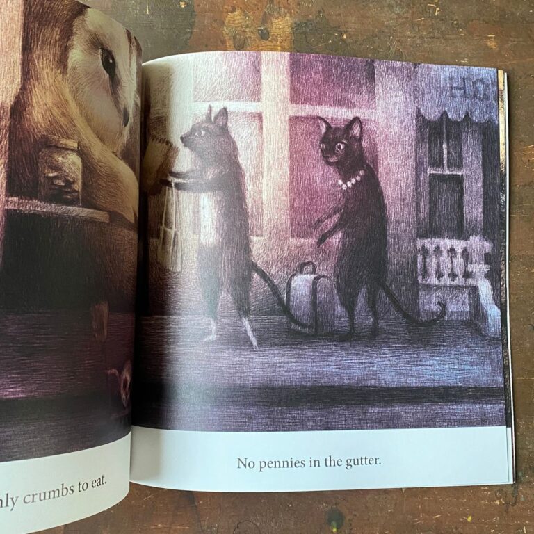 Double page spread of a pair of upright cats from Night Lunch book by Eric Fan