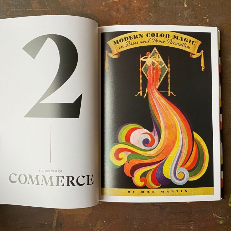 Open book with left page title, Colour in Commerce