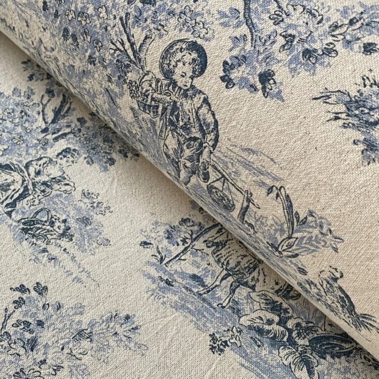 Elysium Print cotton of a pastoral, Toile De Jouy pattern. Tinsmiths