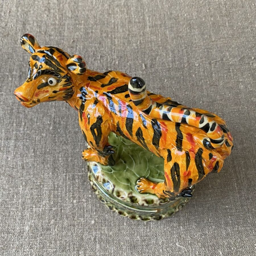 Highly detailed, ceramic slipware tiger by Paul Young