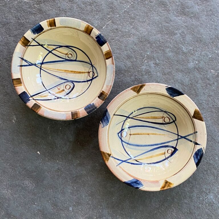 Jennifer Hall Slipware pasta bowls from above on a stone background