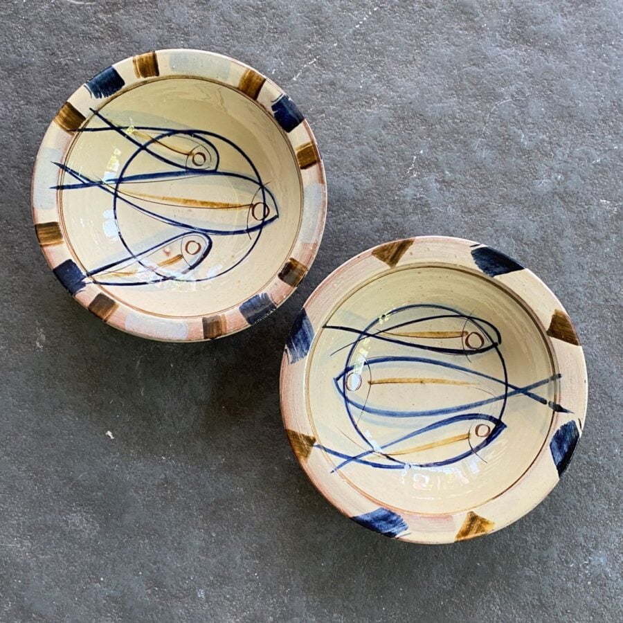 Jennifer Hall Slipware pasta bowls from above on a stone background