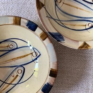 Jennifer Hall Slipware pasta bowls from above on a cream textile background
