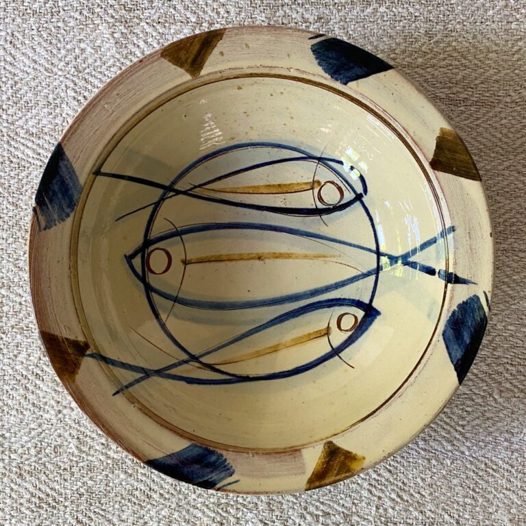 Jennifer Hall Slipware pasta bowl from above on a cream textile background