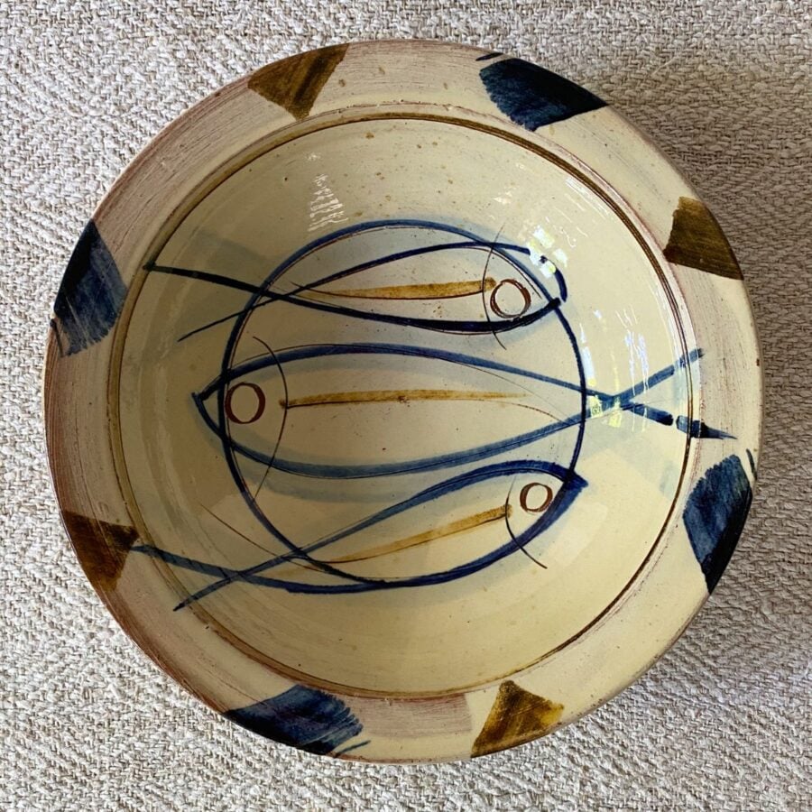 Jennifer Hall Slipware pasta bowl from above on a cream textile background