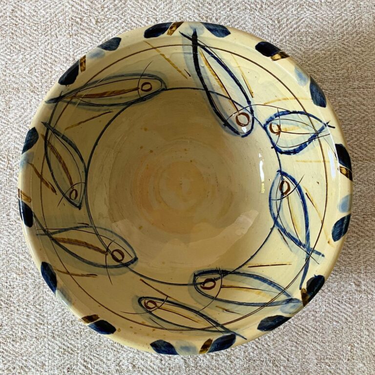 Jennifer Hall Slipware Salad Bowl overview on cream textile backcloth
