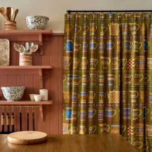 Fabric with a design of mochaware pottery