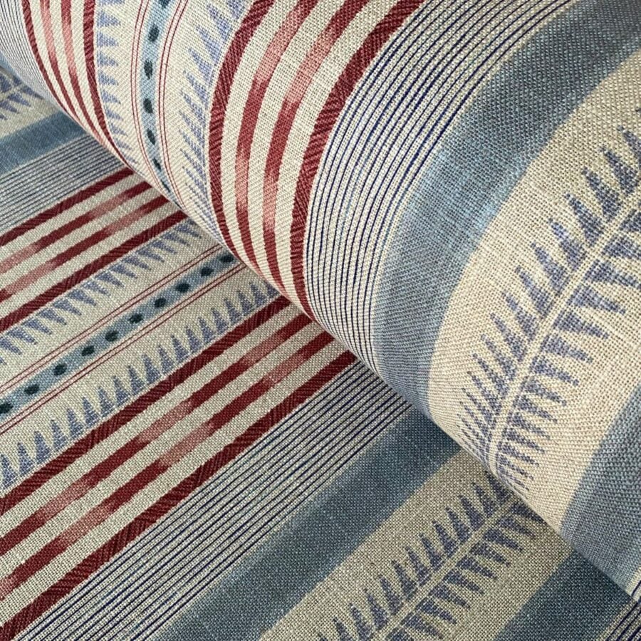 Extra Wide Caspian striped fabric in strawberry red & duckegg on a roll