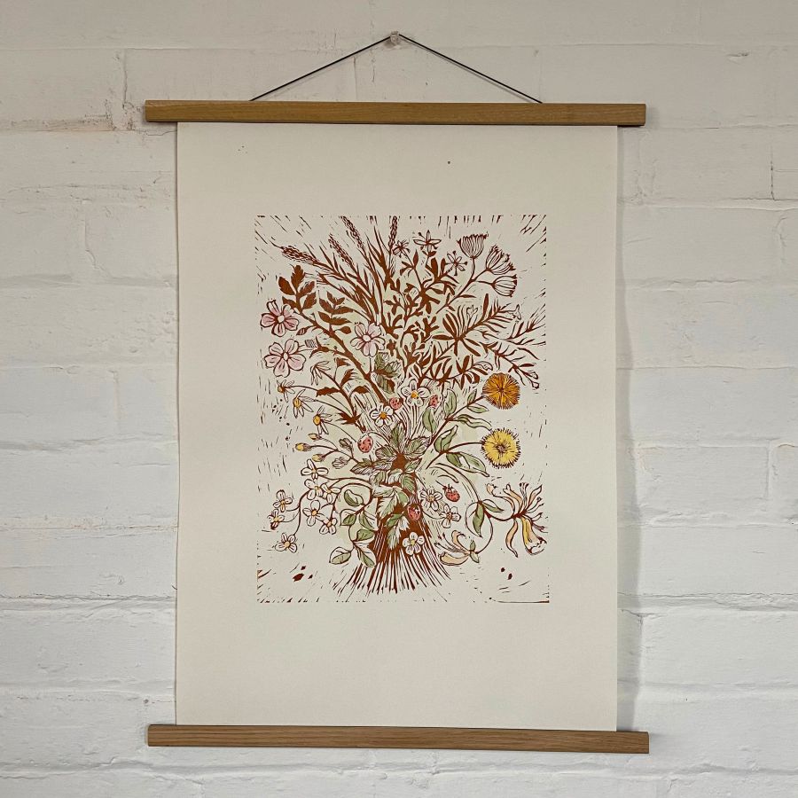 Jen Whiskerd linocut print on a white wall
