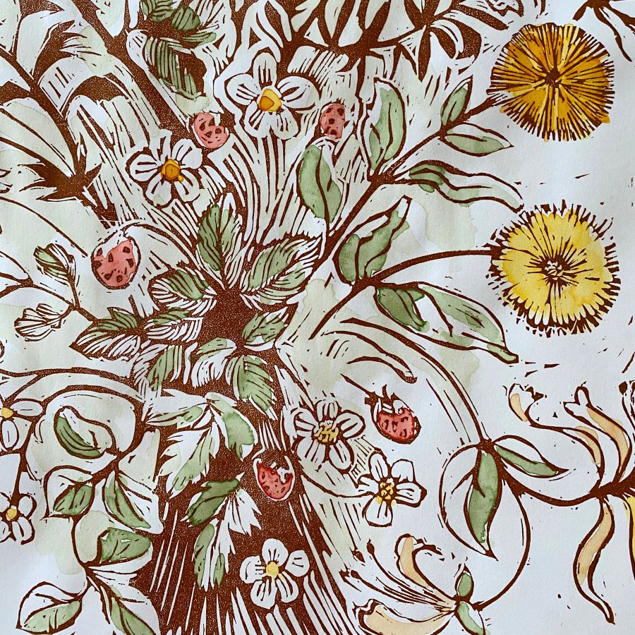 Jen Whiskerd linocut print on a white wall
