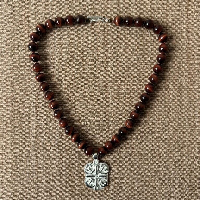 Red Tigers Eye Necklace with Silver Boss Pendant M5 - Image 2