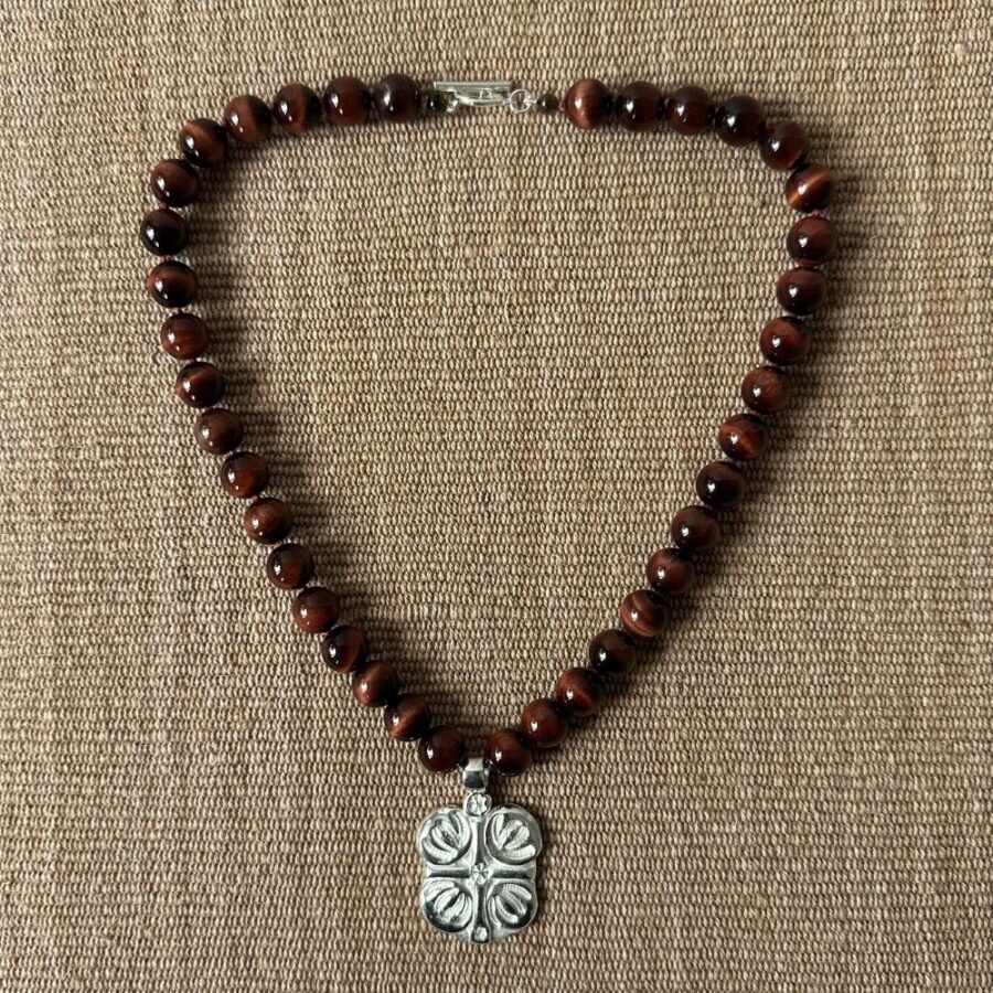 Red Tigers Eye Necklace with Silver Boss Pendant M5