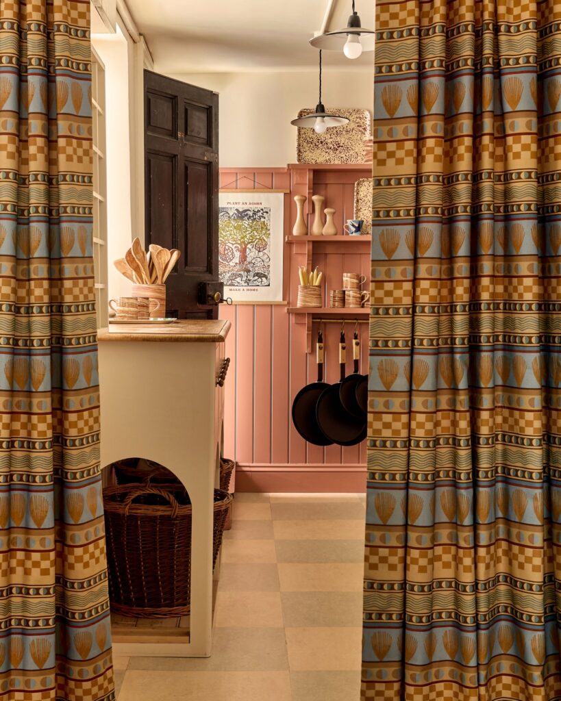 Mocha Stripe Fabric with mochaware stripes in blue and sand