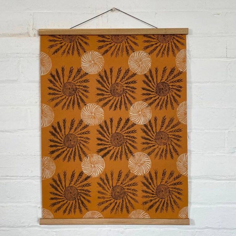 Sarah Burns Patterns lino print poster hanging