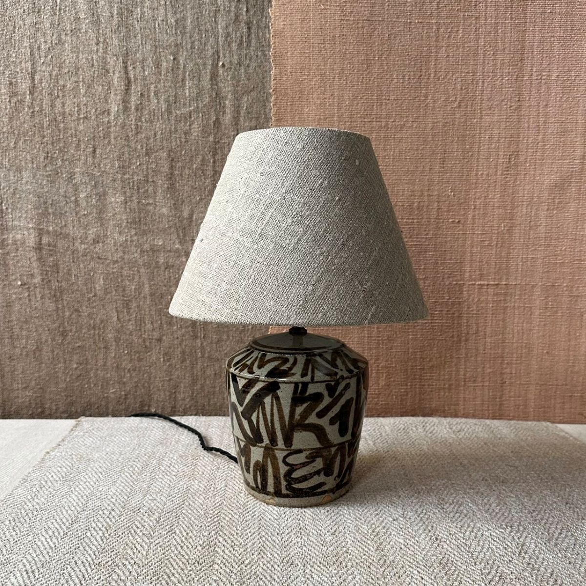 Stoneware pottery lamp with wax resist and ash glaze